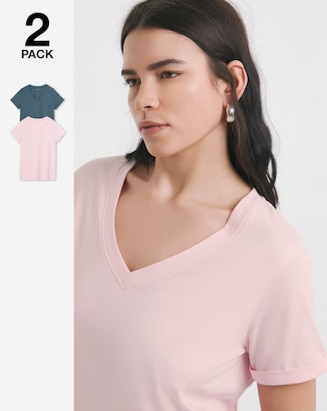 Simply Be Charcoal & Pink 2 Pack V Neck Longline Pure Cotton T-Shirts
