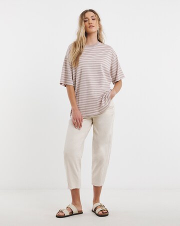 Simply Be Mocha & Ecru Stripe Oversized Slouchy Crew Neck T-Shirt