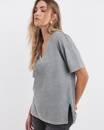 Simply Be Acid Wash Grey Oversized Slouchy Pure Cotton V Neck T-Shirt