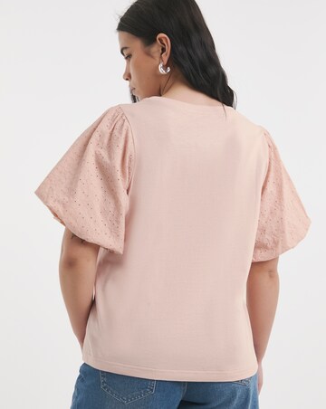 Simply Be Pale Pink Broderie Sleeve Crew Neck T-Shirt