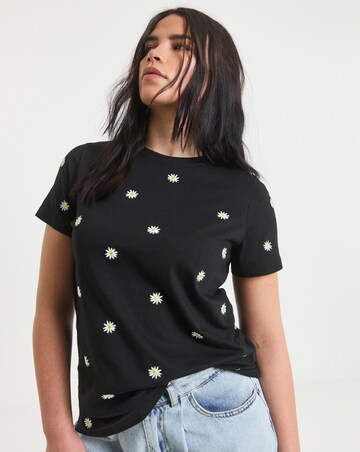 Simply Be Black Ditsy Daisy Embroidery T-Shirt