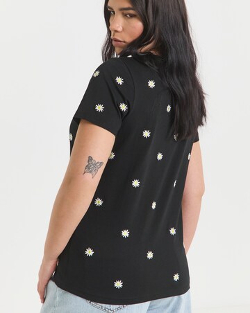 Simply Be Black Ditsy Daisy Embroidery T-Shirt