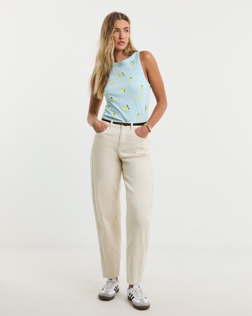 Simply Be Blue Ribbed Lemon Embroidery High Neck Tank