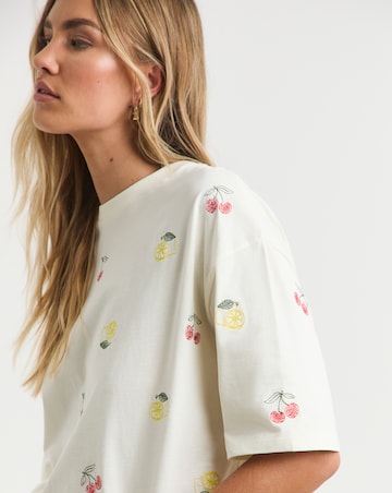 Simply Be Ecru Fruit Embroidered T-Shirt