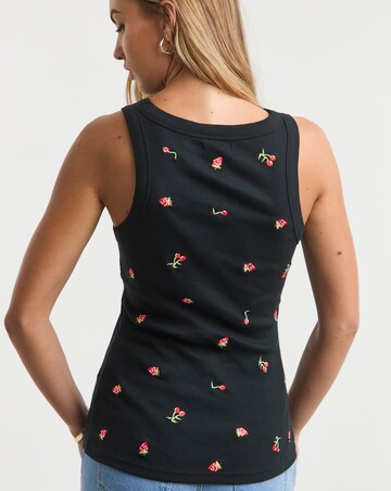 Simply Be Black Ribbed Strawberry & Cherry Embroidery High Neck Tank