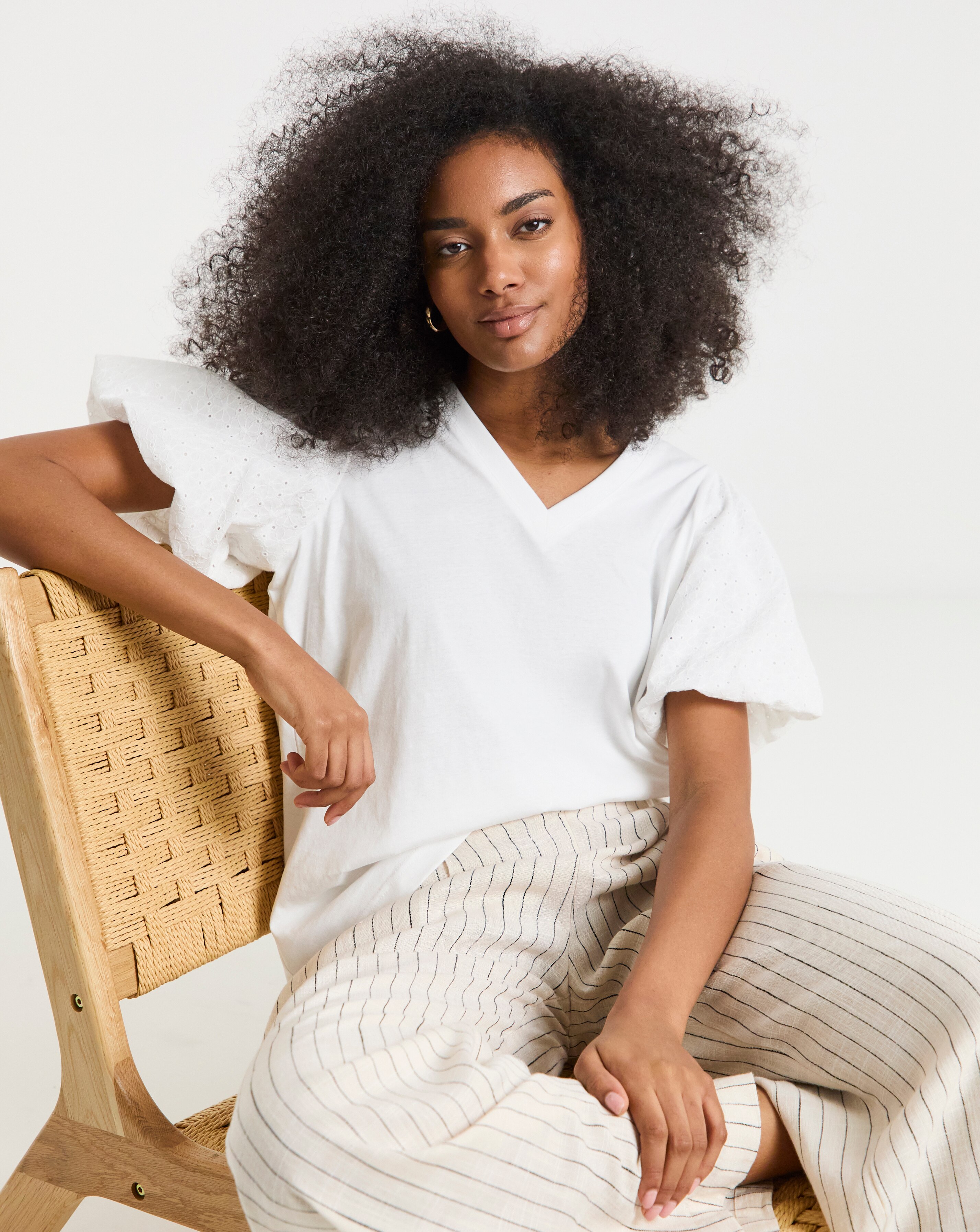 Simply Be White Broderie Sleeve V Neck T-Shirt