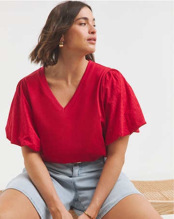 Simply Be Red Broderie Sleeve V Neck T-Shirt
