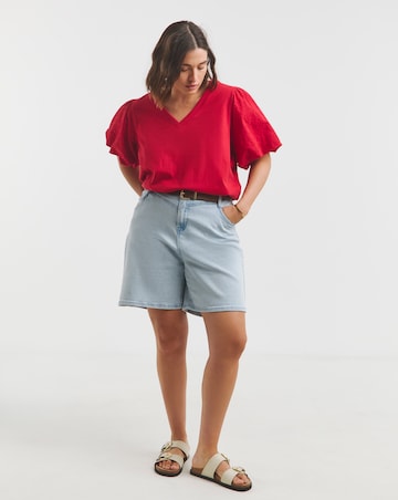 Simply Be Red Broderie Sleeve V Neck T-Shirt