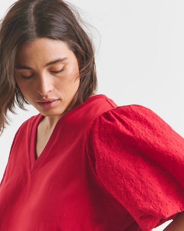 Simply Be Red Broderie Sleeve V Neck T-Shirt