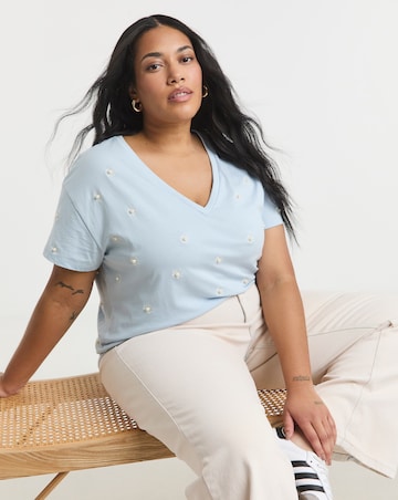 Simply Be Blue V Neck Flower Embroidery & Pearls T-Shirt