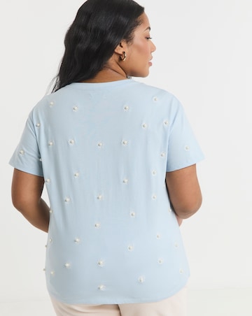 Simply Be Blue V Neck Flower Embroidery & Pearls T-Shirt