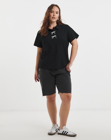 Simply Be Black Polo Top with Bow Embellishment