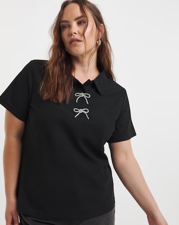 Simply Be Black Polo Top with Bow Embellishment