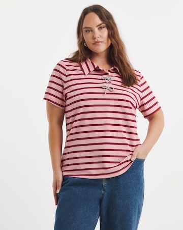 Simply Be Stripe Polo Top with Bow Embellishment