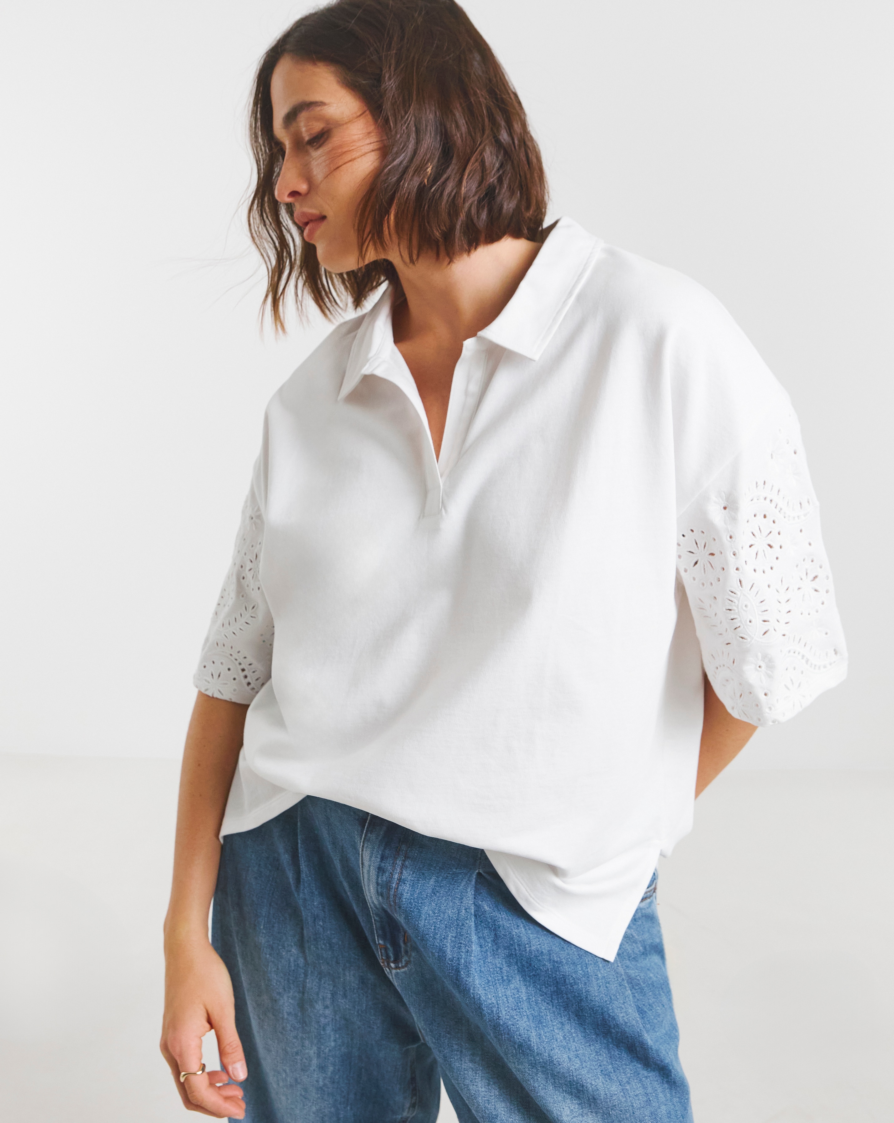 Cut Work Sleeve Polo Top