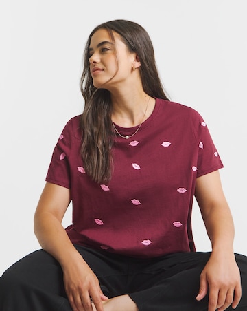 Simply Be Pink & Burgundy Lips Embroidery T-Shirt