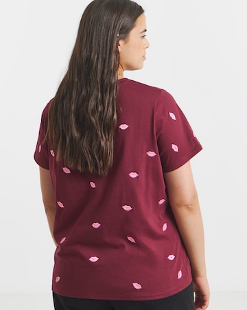 Simply Be Pink & Burgundy Lips Embroidery T-Shirt