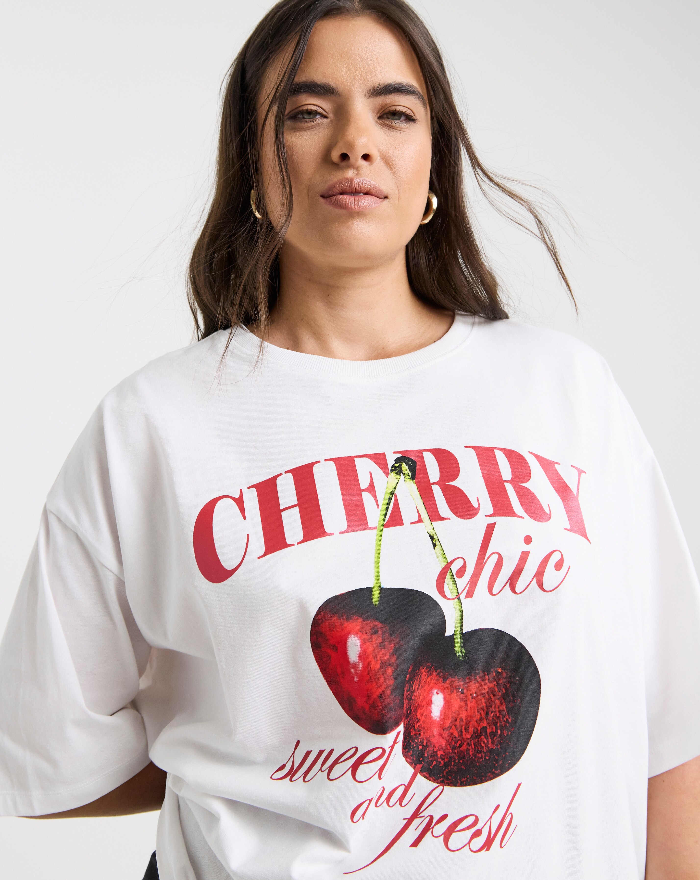 Simply Be White Cherry Chic Graphic Oversized T-Shirt | JD Williams