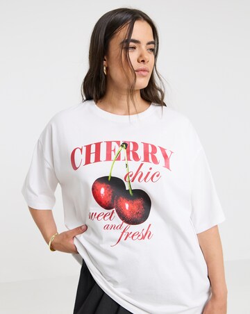 Simply Be White Cherry Chic Graphic Oversized T-Shirt