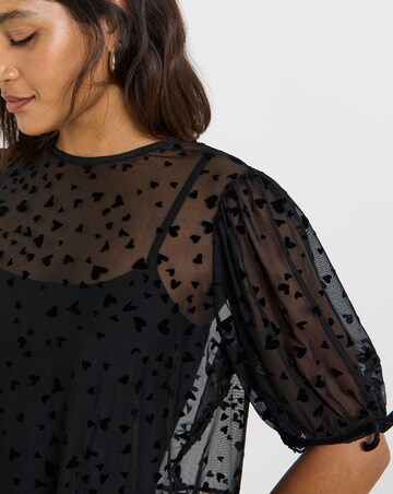 Simply Be Black Velvet Heart Mesh Puff Sleeve Top