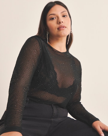 Black High Neck Hot Fix Mesh Top