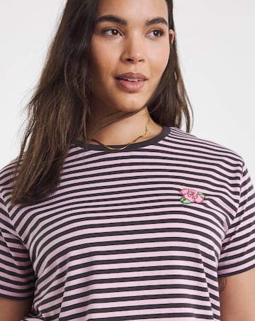 Simply Be Chocolate & Pink Stripe Flower Bead Pocket Detail T-Shirt
