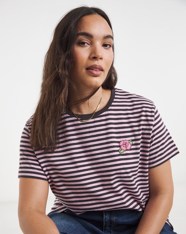 Chocolate & Pink Stripe Flower Bead Pocket Detail T-Shirt
