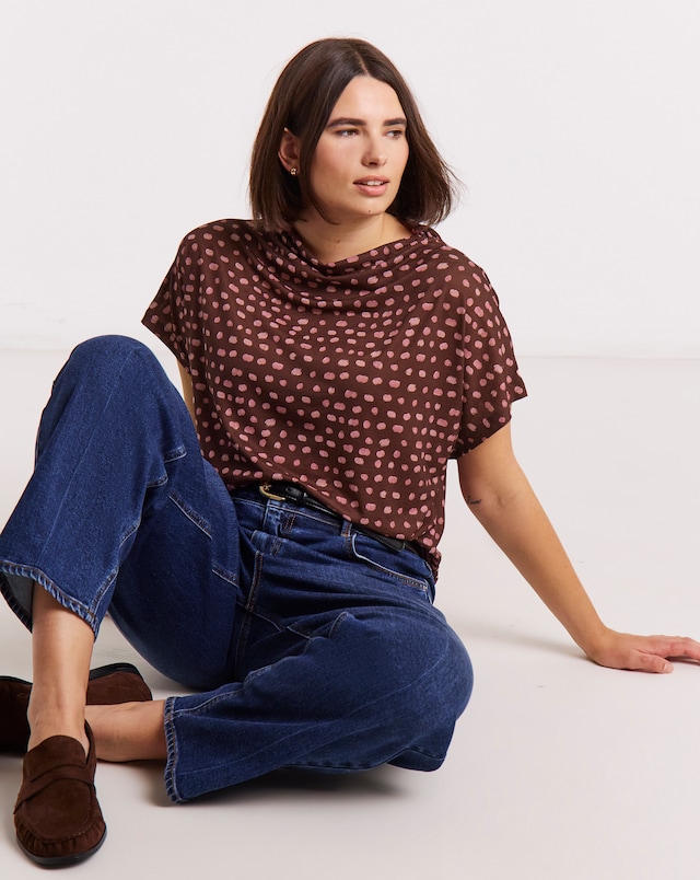 Simply Be Brown & Pink Spot Print High Neck Mesh Top