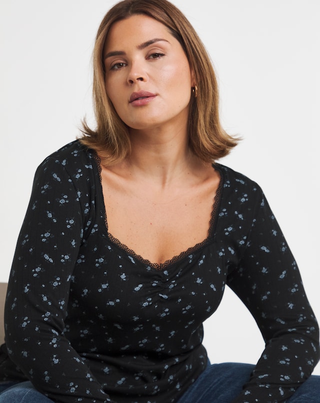 Black Ditsy Floral  Square Neck Rib Top
