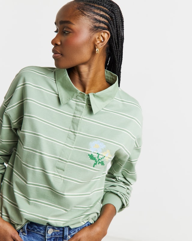 Simply Be Sage Green Stripe Long Sleeve Polo Top