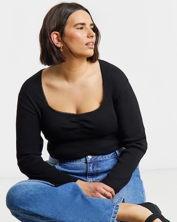 Simply Be Black Square Neck Long Sleeve Ribbed Top
