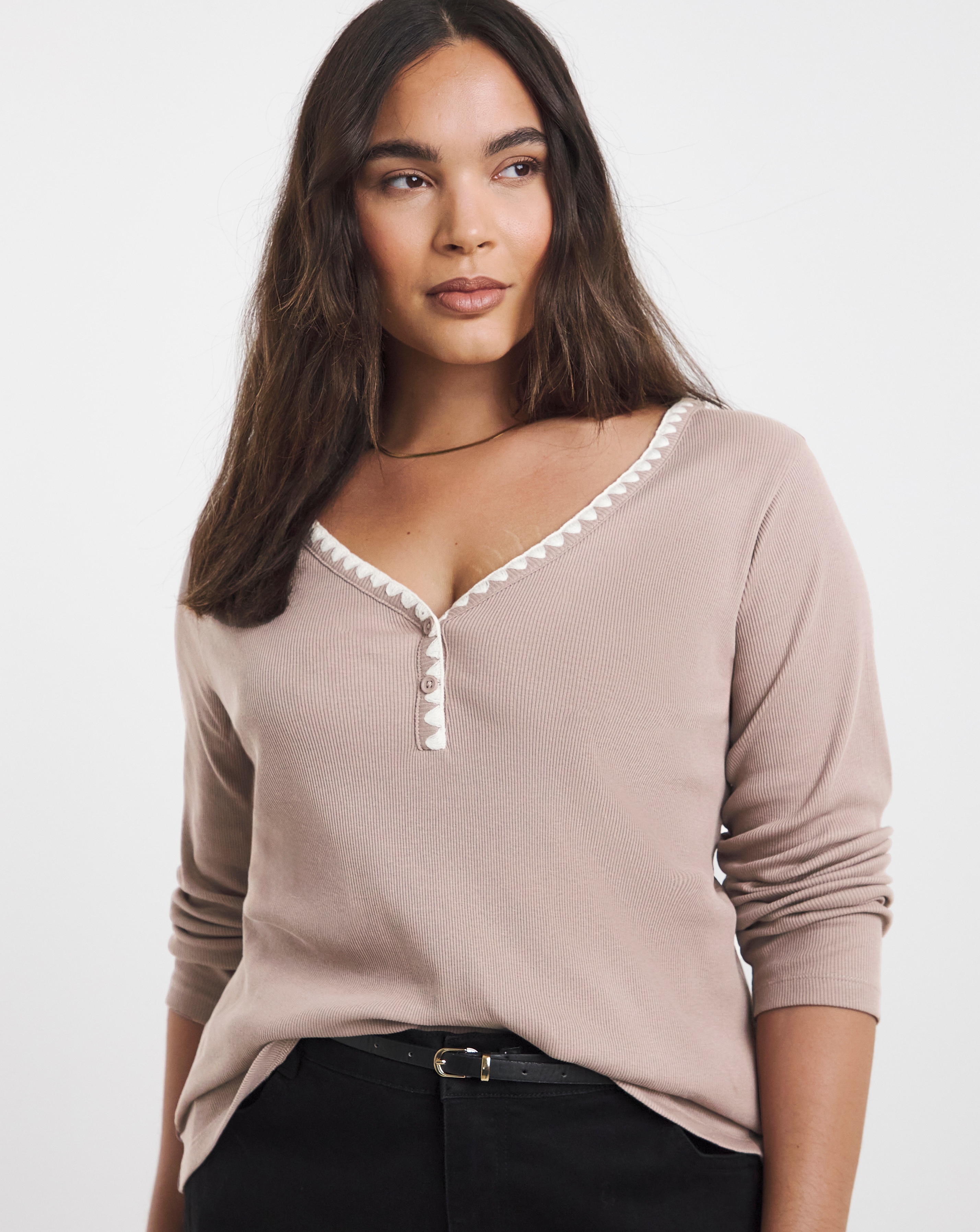 New In - Ribbed Henley Top with Whipstitching