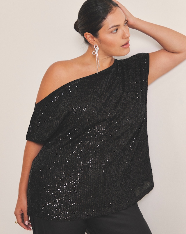 Linear Sequin Off The Shoulder Top - Black