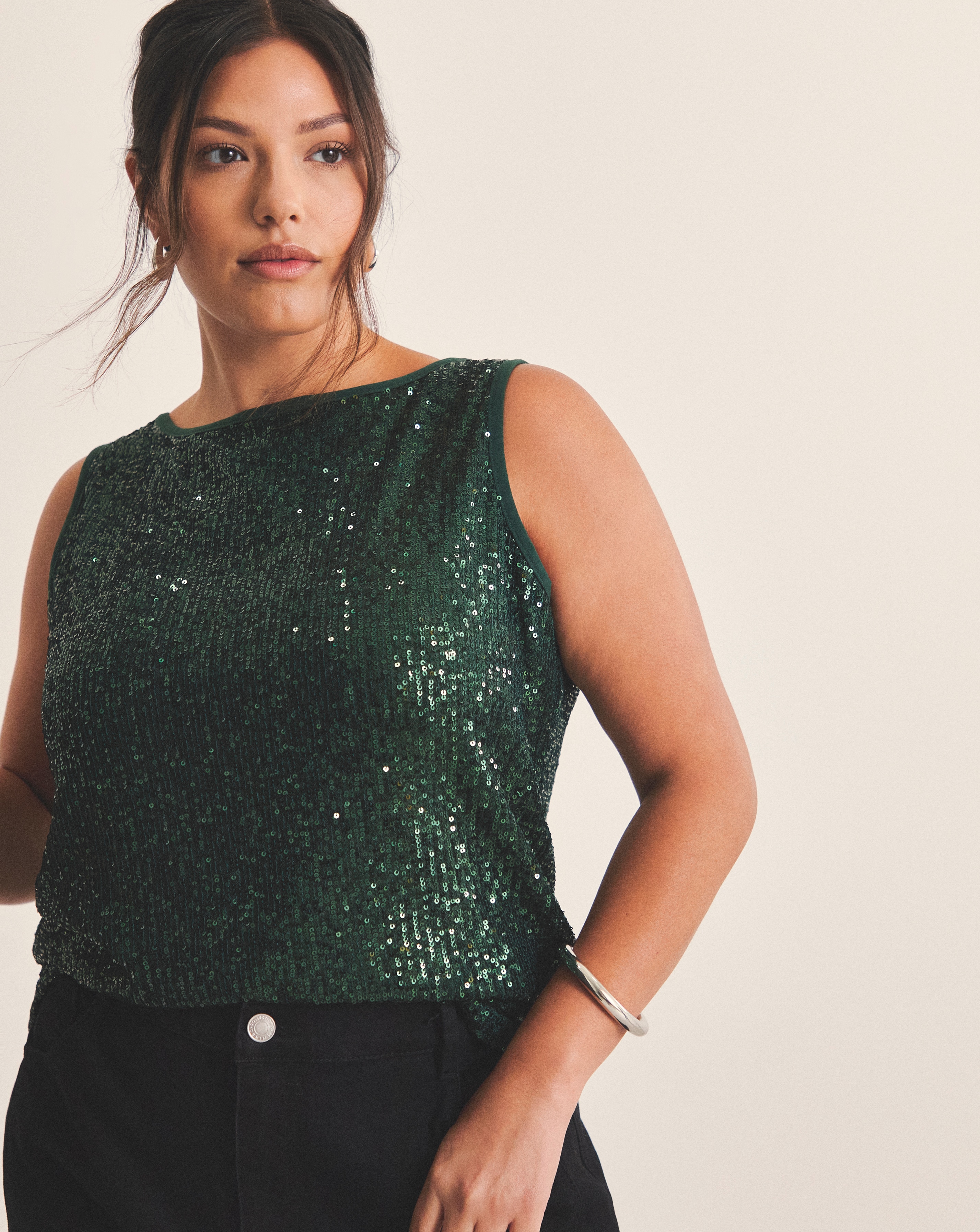 New In - Linear Sequin Bow Shoulder Tank