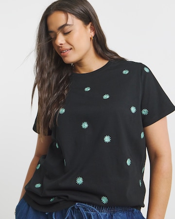 Simply Be Black & Teal Flower Embroidery T-Shirt
