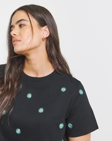 Simply Be Black & Teal Flower Embroidery T-Shirt
