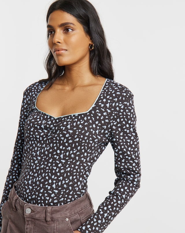 Simply Be Blue Ditsy Print Square Neck Long Sleeve Ribbed Top