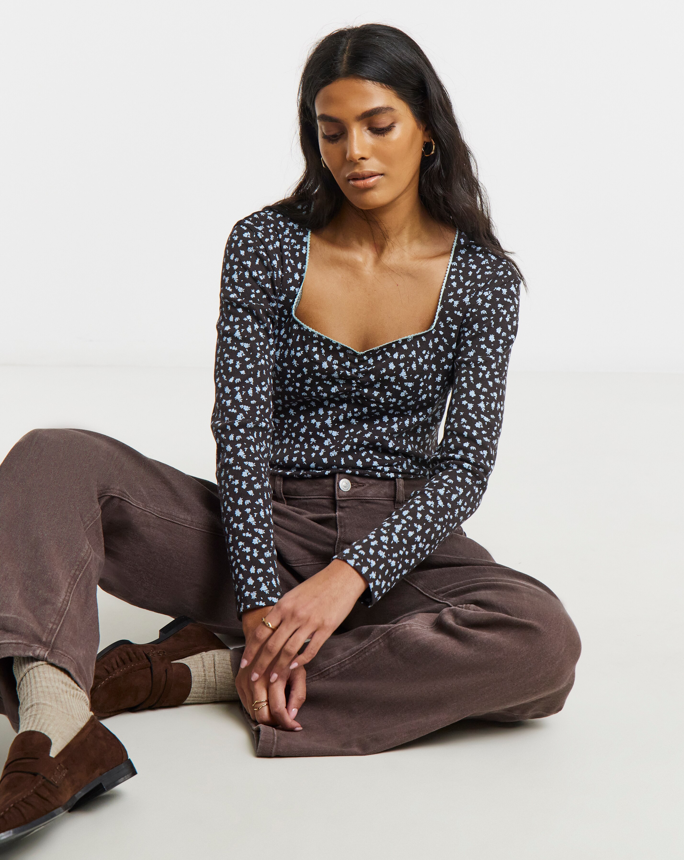 Simply Be Blue Ditsy Print Square Neck Long Sleeve Ribbed Top | JD
