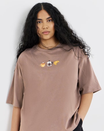 Simply Be Dark Chocolate Embroidered Coffee & Pastry T-Shirt