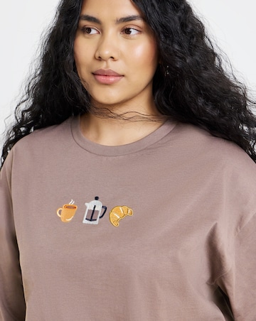 Simply Be Dark Chocolate Embroidered Coffee & Pastry T-Shirt