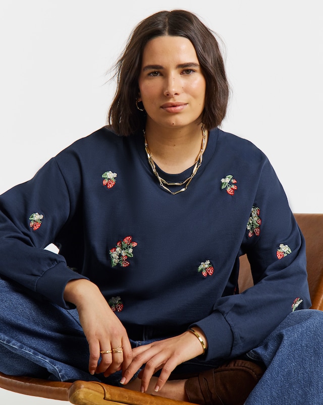 Simply Be Navy Ditsy Strawberry Embroidered Sweatshirt
