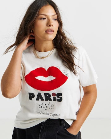 Simply Be Ecru Paris Lips Graphic Slim Fit T-Shirt