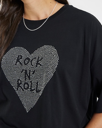 Simply Be Black Studded Rock & Roll Graphic Oversized T-Shirt