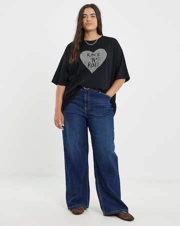 Simply Be Black Studded Rock & Roll Graphic Oversized T-Shirt