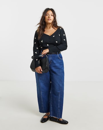 Black Floral Embroidered Henley Top