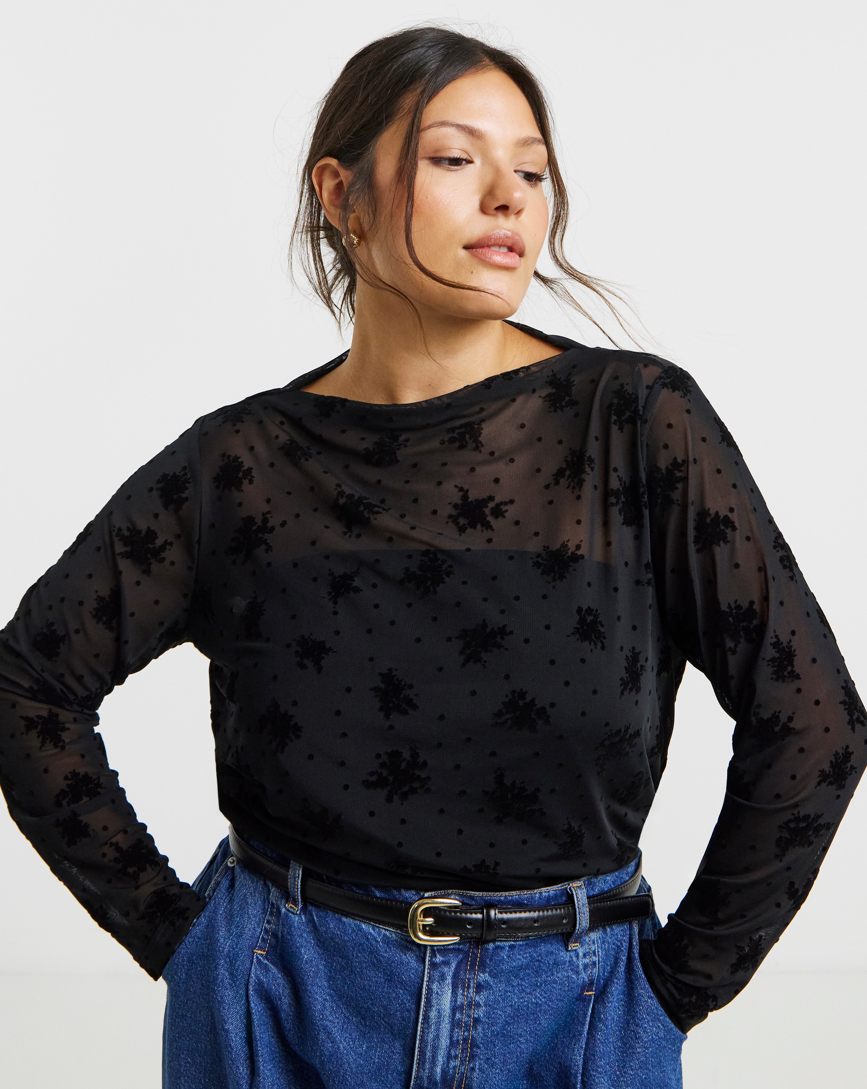 Floral & Dobby Mesh High Neck Top