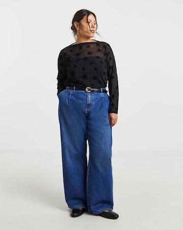 Black Floral & Dobby Mesh Slash Neck Top