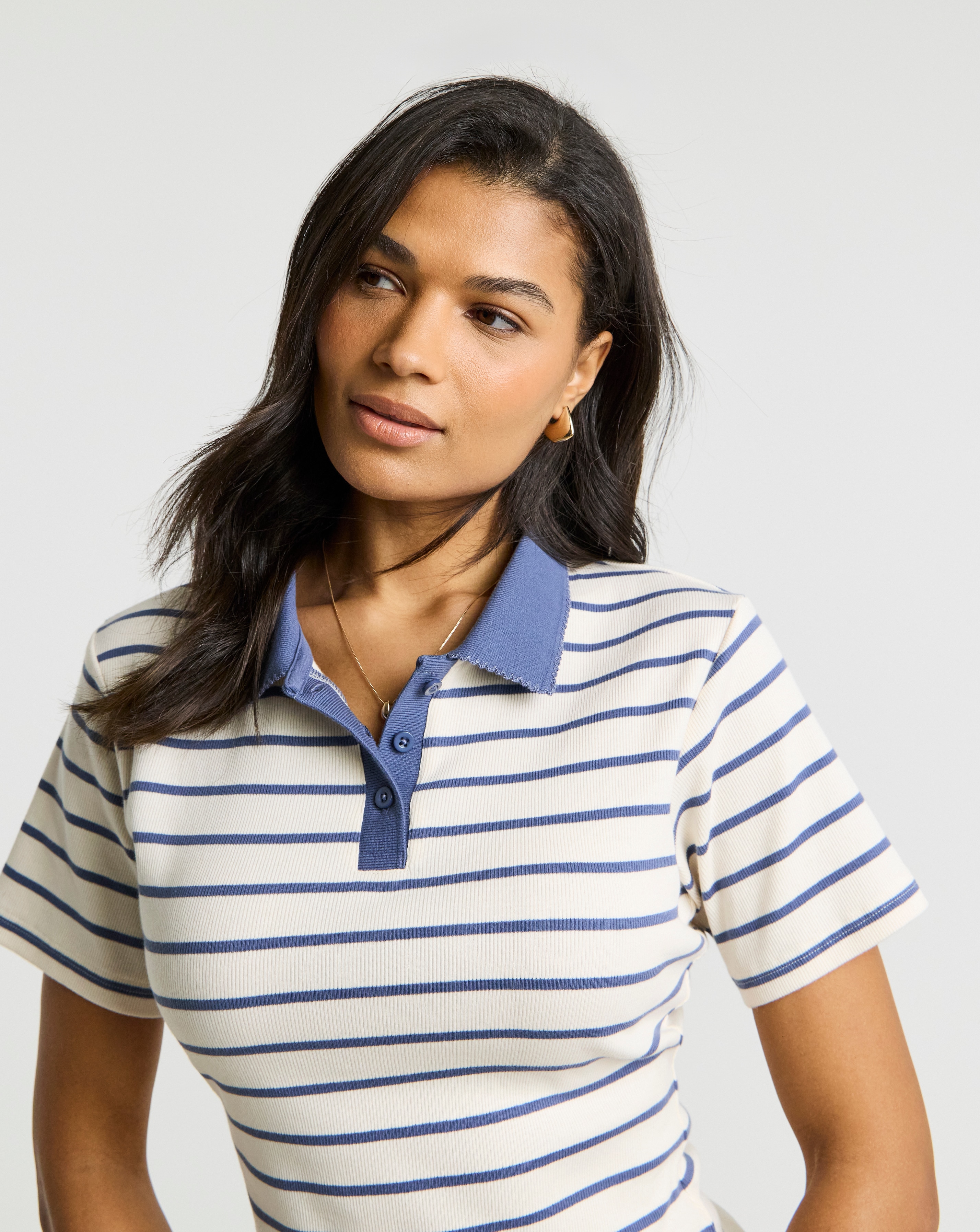 Simply Be Blue Stripe Ribbed Polo Top | JD Williams