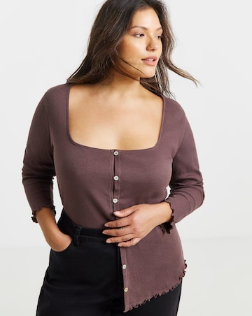 Simply Be Mocha Long Sleeve Button Through Ribbed Cardi