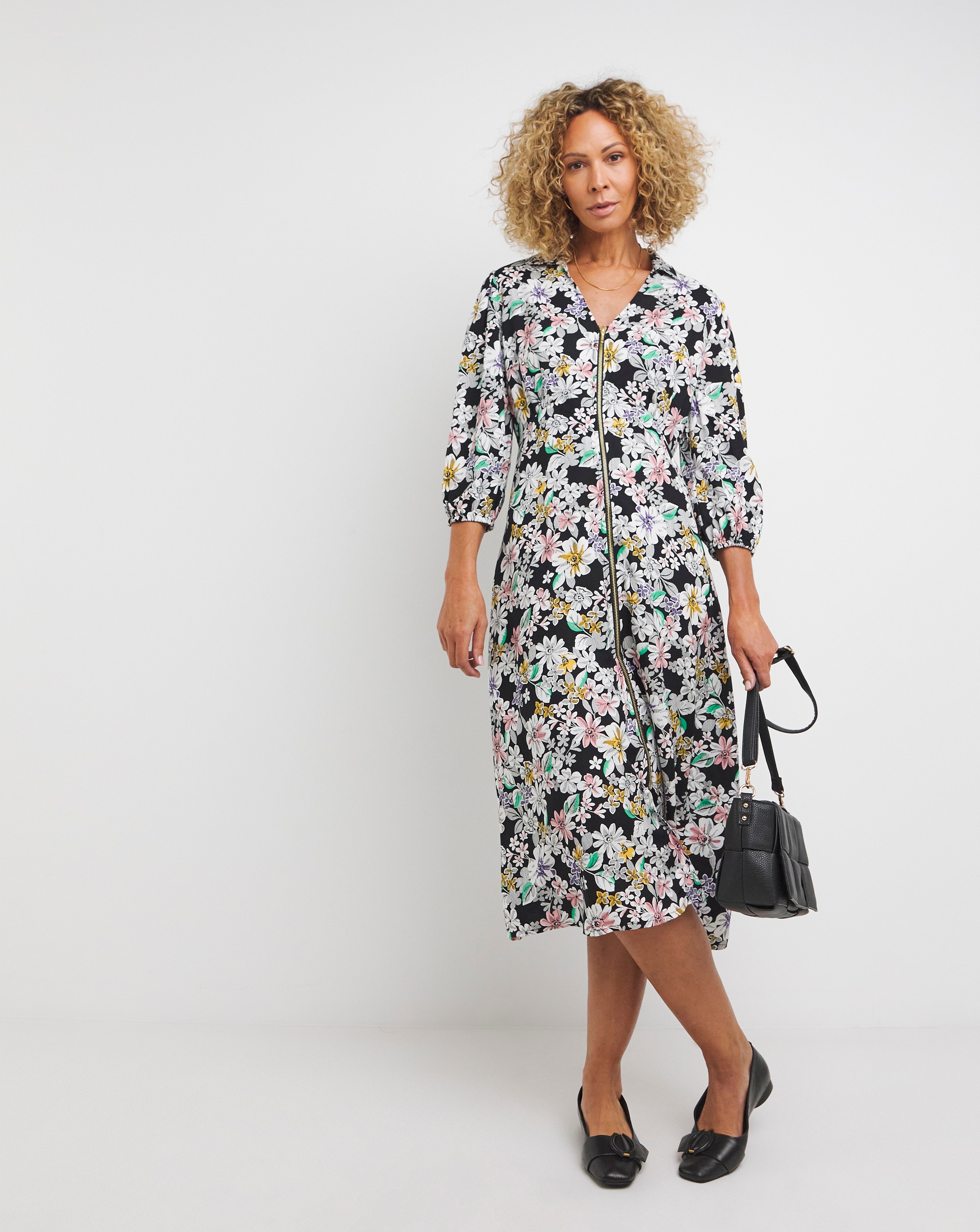 Zip Front Shirt Dress With Open Neck